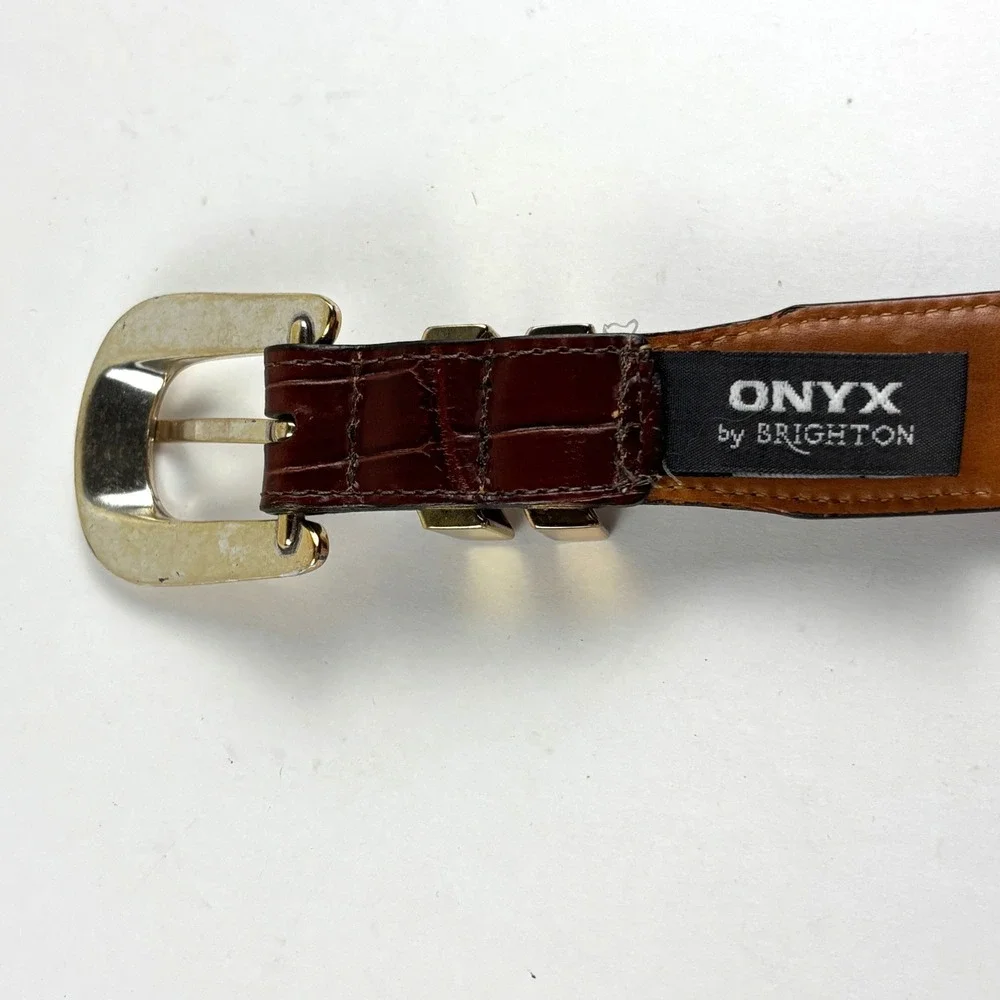 Brighton Onyx Belt Mens 38 Brown Croc Embossed Gold Buckle USA Western Classic